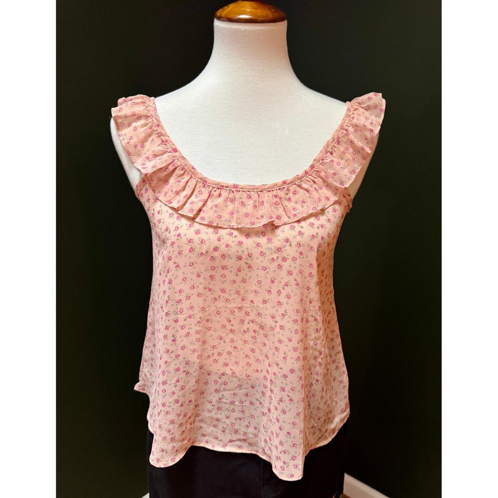 Soprano‎ Pink Floral Ruffle Sheer Boho Tank Top XS Made USA Women's XS